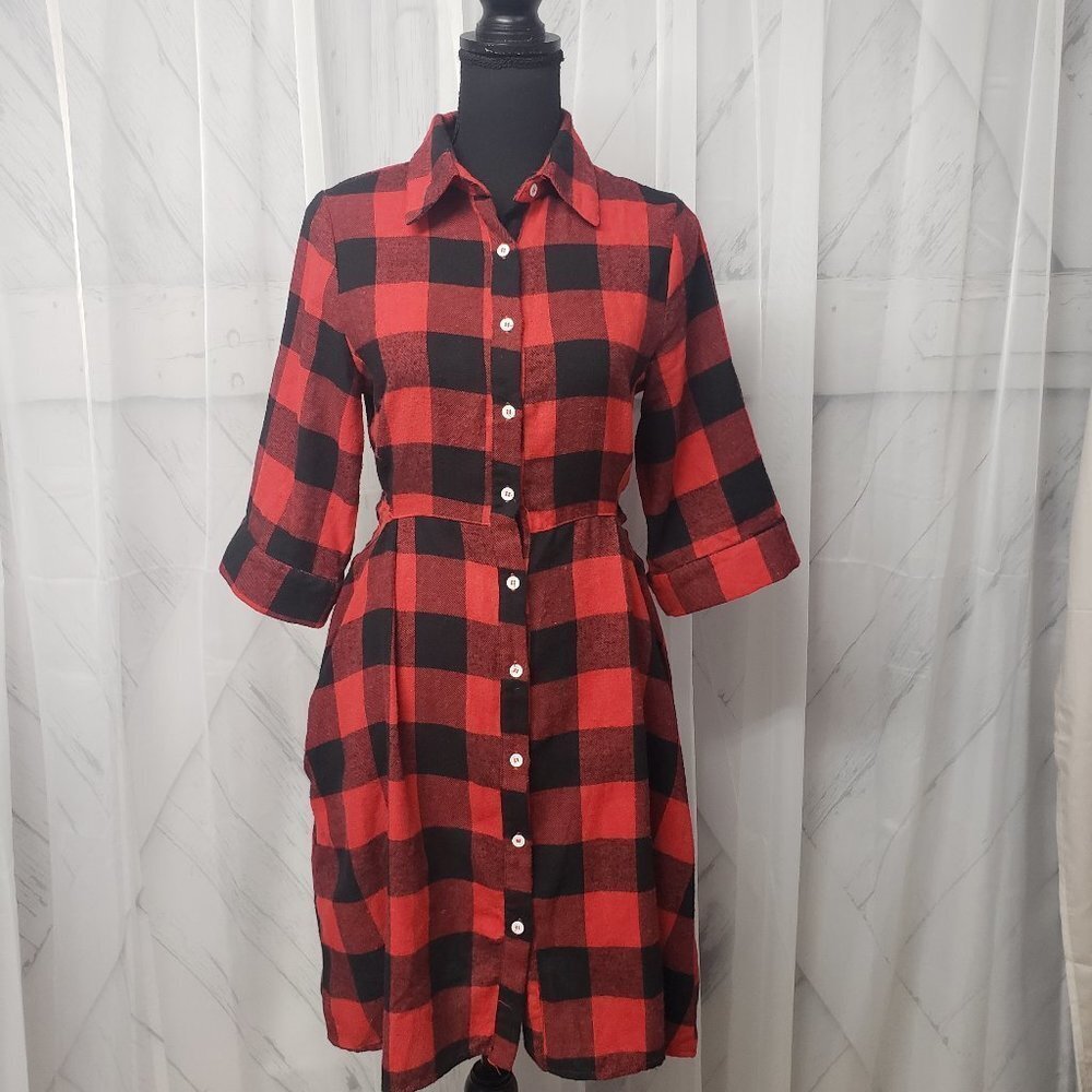 Cy Red Buffalo Plaid Flannel Tie Back Button Down Tunic Dress Size M
